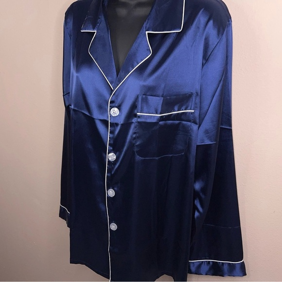 Medium Blue Satin Button Front Pajama Top Long Sleeve Glam - Picture 4 of 11